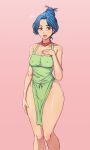  1girl animification apron blue_hair breasts green_apron hair_bun highres jewelry marge_simpson mature_female naked_apron necklace open_mouth pelvic_curtain pink_background qthead shiny shiny_skin signature simple_background solo the_simpsons thighs 