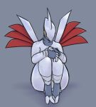  2022 anthro atherol avian barely_visible_genitalia feathers generation_2_pokemon genitals girly gloves_(marking) grey_background grey_body grey_feathers knees_pulled_up leg_markings legs_together male markings metallic_body nintendo nude penis pokemon pokemon_(species) red_body red_feathers simple_background sitting skarmory socks_(marking) solo talons thick_thighs video_games yellow_sclera 