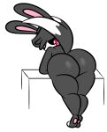  absurd_res ambiguous_gender anthro bent_arm bent_over big_butt black_nose black_sclera butt butt_focus countershade_face countershading dipstick_tail ekkokenight fur furniture glistening glistening_butt grey_body grey_fur hi_res lagomorph leporid long_ears looking_back mammal markings mime_(ekkokenight) nude pawpads pink_pawpads pseudo_hair rabbit raised_tail rear_view red_eyes simple_background solo table tail_markings toeless_(marking) white_background white_body white_fur 