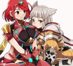  2girls animal_ears bangs black_gloves blunt_bangs bodysuit breasts cat_ears chest_jewel earrings fingerless_gloves gloves grey_hair jewelry large_breasts multiple_girls nia_(xenoblade) pyra_(xenoblade) red_eyes red_hair red_shorts rem_sora410 short_hair short_shorts shorts swept_bangs thighhighs tiara white_gloves xenoblade_chronicles_(series) xenoblade_chronicles_2 yellow_bodysuit yellow_eyes 