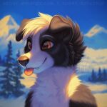  1:1 2022 anthro black_body black_fur black_nose blep blue_body blue_fur blurred_background bust_portrait canid canine canis cheek_tuft dated domestic_dog facial_tuft fangs floppy_ears fur glistening glistening_eyes hair hi_res male mammal mountain mylafox neck_tuft nude orange_eyes outside plant portrait red_tongue signature snow solo three-quarter_view tongue tongue_out tree tuft whiskers white_body white_fur white_hair 