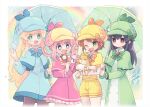  4girls animal black_hair blonde_hair blue_capelet blue_dress blue_eyes brown_hair capelet cat cordelia_glauca deerstalker dress green_capelet green_dress green_eyes hair_rings haku_le hat hercule_barton highres holding holding_animal holding_cat holding_umbrella long_dress long_hair magnifying_glass multiple_girls one_eye_closed open_mouth pink_capelet pink_hair red_eyes sherlock_shellingford short_hair shorts smile tantei_opera_milky_holmes umbrella yellow_capelet yellow_shorts yuzurizaki_nero 