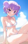  1girl bare_arms bikini blue_sky blurry blurry_background bow breasts cleavage cloud collarbone day double_bun hair_bun halterneck highres looking_at_viewer medium_breasts misao_koinu navel new_game! outdoors parted_lips purple_eyes purple_hair shiny shiny_skin short_hair sitting sky solo suzukaze_aoba swimsuit white_bikini white_bow 