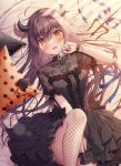  1girl black_dress black_nails blush bow breasts demon_girl demon_horns demon_tail dress fishnet_pantyhose fishnets highres horns long_hair looking_at_viewer medium_breasts on_bed open_mouth original pantyhose polearm purple_hair see-through skirt tail tanihara_natsuki trident weapon yellow_eyes 