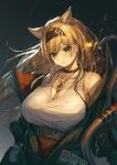  1girl absurdres animal_ears arknights blonde_hair breasts cleavage earpiece extra_ears gradient gradient_background green_eyes hairband highres horn_(arknights) huge_breasts jacket jewelry mazel_(mazel_star) pendant pouch sparks tank_top wolf_ears 