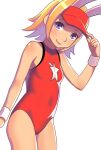  1girl animal_ears arcana_heart blonde_hair breasts catherine_kyoubashi closed_mouth imizu_futoshi leotard looking_at_viewer one-piece_swimsuit purple_eyes rabbit_ears red_leotard short_hair simple_background smile solo star_(symbol) swimsuit visor_cap white_background 