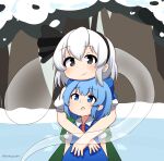  2girls absurdres black_hairband blue_eyes blue_hair bow cirno ferdy&#039;s_lab green_skirt hair_bow hairband highres hitodama hug hug_from_behind konpaku_youmu konpaku_youmu_(ghost) multiple_girls puffy_short_sleeves puffy_sleeves short_hair short_sleeves skirt smirk snow touhou yuri 