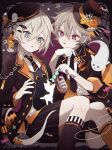  2boys black_headwear blonde_hair blue_eyes candy cat child commentary english_commentary flower food ghost gloves hair_between_eyes hat hat_flower highres male_child male_focus multiple_boys namiki_itsuki night open_mouth original purple_eyes too_many too_many_cats white_gloves 