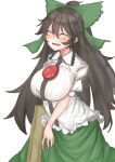  1girl absurdres arm_cannon black_hair blush bow breasts cape green_bow green_skirt hair_bow happy highres huge_breasts kuraki long_hair open_mouth reiuji_utsuho shirt short_sleeves skirt smile solo third_eye touhou very_long_hair weapon white_cape wings 