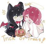  2girls :d ^_^ animal_ears arknights bangs beamed_sixteenth_notes black_hair black_headwear black_jacket black_vest bow bowtie clenched_teeth closed_eyes commentary_request cropped_torso exusiai_(arknights) ghost_costume hair_between_eyes hair_over_one_eye halloween_bucket halo hands_up haobuguniao hat highres holding jacket looking_at_viewer mini_hat mini_top_hat mini_wings motion_lines multiple_girls musical_note notice_lines red_bow red_bowtie red_hair red_wings shirt simple_background smile teeth texas_(arknights) tilted_headwear top_hat trick_or_treat upper_body vest white_background white_shirt wings yellow_eyes 