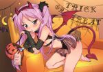  1girl alternate_costume bangs barefoot black_gloves blush breasts candy couch crescent elbow_gloves fake_horns food gloves halloween halloween_bucket halloween_costume heart hiiragi_kagami holding horns hotaru_iori ichimi_renge long_hair lucky_star parted_lips pink_hair purple_eyes see-through small_breasts solo spikes tail twintails wings 