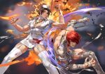  2boys blood blood_on_clothes brown_hair cross fighting fire garter_straps halloween halloween_costume hat kusanagi_kyou male_focus multiple_boys mummy_costume nurse nurse_cap parted_lips pectoral_cleavage pectorals red_cross red_hair short_hair stethoscope the_king_of_fighters thighhighs tomcat_li white_thighhighs yagami_iori 