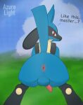  absurd_res anthro anus azurelight balls butt generation_4_pokemon genitals hi_res looking_at_viewer looking_back lucario male nintendo pokemon pokemon_(species) presenting presenting_anus presenting_hindquarters solo video_games 