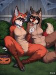  5_fingers aldea_(character) anthro breasts candy canid canine carmine_(foxovh) dessert duo eyebrows female fingers food fox foxovh fur grass hair halloween hi_res holidays lollipop mammal navel nipples outside plant spreading tongue tongue_out tuft 