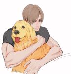  1boy arm_around_neck artist_name bangs black_shirt blonde_hair blue_eyes dog golden_retriever highres hug leon_s._kennedy light_smile looking_at_viewer male_focus mnine5 parted_bangs resident_evil shirt short_hair short_sleeves tight tight_shirt toned toned_male tongue tongue_out upper_body white_background 