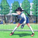  1girl 5others absurdres bent_over black_eyes black_hair ddini gloves goal goalkeeper highres kneehighs long_hair long_sleeves multiple_others net original outdoors parted_lips shoes shorts sneakers soccer soccer_uniform socks sportswear sweat tree twintails 