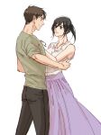  1boy 1girl bare_arms black_hair black_pants breasts brown_eyes brown_hair collared_shirt couple cowboy_shot dancing eren_yeager grey_shirt hair_between_eyes hand_on_another&#039;s_back hands_on_another&#039;s_chest hetero highres jewelry long_skirt looking_at_another medium_breasts medium_hair mikasa_ackerman mnine5 necklace pants ponytail purple_skirt shingeki_no_kyojin shirt short_hair skirt sleeveless sleeveless_shirt sleeves_rolled_up smile white_background white_shirt 