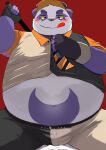  2022 9dtq0 absurd_res alp_(tas) anthro belly big_belly black_nose blush bottomwear bulge clothing giant_panda halloween hat headgear headwear hi_res holidays humanoid_hands kemono lifewonders male mammal overweight overweight_male pants purple_body shirt solo tokyo_afterschool_summoners tongue tongue_out topwear ursid video_games white_body 