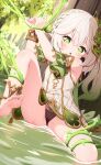  1girl :o arms_up bangs bare_shoulders barefoot black_panties bound bound_wrists bracelet breasts cross-shaped_pupils day dress female_child forest genshin_impact gradient_hair green_eyes green_hair hair_ornament highres jewelry knee_up leaf_hair_ornament light_blush long_hair looking_at_viewer multicolored_hair nahida_(genshin_impact) nature no_pants outdoors panties pointy_ears restrained setmen side_ponytail sleeveless sleeveless_dress small_breasts soles solo tied_up_(nonsexual) toes underwear water wet white_dress white_hair 