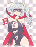  1girl between_breasts black_gloves breasts cape card checkered_background cleavage contrapposto cross-laced_clothes crown curly_hair domino_mask drill_hair elbow_gloves gloves grey_hair hairband haku_le heart heart-shaped_pupils henriette_mystere large_breasts mask mini_crown playing_card purple_eyes side_ponytail signature smile solo symbol-shaped_pupils tantei_opera_milky_holmes white_hairband 