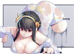  1girl bare_shoulders black_hair breast_rest breasts cleavage commentary dress english_commentary gold_hairband hairband hot_vr large_breasts looking_at_viewer parody patreon_username pixiv_username red_eyes screen solo spy_x_family the_ring wet wet_clothes wet_dress white_dress yor_briar 