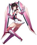  1girl armpits ass bad_id bad_twitter_id black_hair blush breasts hair_ornament hair_ribbon looking_at_viewer no_panties red_eyes red_thighhighs ribbon senki_zesshou_symphogear simple_background skirt small_breasts solo thighhighs tsukamoto_kensuke tsukuyomi_shirabe upskirt white_background 