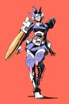  1girl arcee arm_cannon decepticon fusion galvatron head_tilt looking_at_viewer makoto_ono mecha open_hands red_background red_eyes robot smile solo transformers walking weapon 