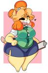  &lt;3 animal_crossing anthro big_breasts bottomwear breasts canid canine canis clipboard clothing dipstick_tail domestic_dog female hair hi_res holding_clipboard holding_object huge_hips huge_thighs isabelle_(animal_crossing) lewd_dorky mammal markings nintendo one_eye_closed open_mouth orange_hair shih_tzu shirt skirt solo tail_markings thick_thighs topwear toy_dog vest video_games white_eyes wide_hips yellow_body 