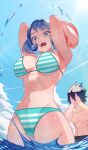  1boy 1girl absurdres amajiki_tamaki bikini blue_eyes blue_hair boku_no_hero_academia breasts hadou_nejire highres koyap large_breasts navel swimsuit thighs uniform 