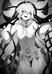  1girl bangs black_sclera blush breasts collarbone colored_sclera dress fate/grand_order fate_(series) greyscale highres large_hat looking_at_viewer monochrome nakamura_regura open_mouth puffy_sleeves short_hair small_breasts smile solo thighs van_gogh_(fate) van_gogh_(third_ascension)_(fate) 