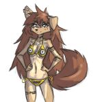  5_fingers anthro apogee_(tinygaypirate) arm_tuft bikini black_nose breasts brown_body brown_eyes brown_fur brown_hair canid canine canis cheek_tuft cleavage clothed clothing cowlick despicable_me domestic_dog ear_piercing eyebrow_through_hair eyebrows eyelashes facial_markings facial_piercing facial_tuft female fingers floppy_ears fur furgonomics furry-specific_piercing grey_background hair hands_on_hips head_markings hi_res illumination_entertainment inner_ear_fluff long_hair looking_at_viewer mammal markings messy_hair muzzle_piercing navel nose_piercing piercing side-tie_bikini simple_background slim smile solo spitz standing swimwear tinygaypirate translucent translucent_hair tuft 