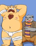  2022 anthro belly big_belly blush bottomwear bulge bullbluedog clothing duo facial_hair grey_body halloween halloween_costume hi_res holidays humanoid_hands kemono male male/male mammal mature_male moobs mustache navel nipples overweight overweight_male pants shirt sitting topwear underwear ursid 