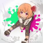  1girl blonde_hair from_above hair_ribbon hood looking_at_viewer ribbon rumia shadow shiroi_karasu shoes short_hair smile solo splatoon_(series) torn_clothes torn_legwear touhou 