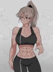  1girl abs breasts brown_hair cleavage glasses highres looking_to_the_side muscular muscular_female oddsnail open_mouth ponytail scar solo sports_bra staring sweat toned 