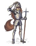  anthro apogee_(tinygaypirate) armor besagew black_nose breastplate brown_body brown_eyes brown_fur brown_hair canid canine canis cheek_tuft clothing couter cuisse domestic_dog facial_piercing facial_tuft female fur furgonomics furry-specific_piercing gauntlets gloves gorget greaves hair hand_above_head hand_on_headwear handwear headgear helmet hi_res holding_object holding_weapon long_hair looking_aside mammal melee_weapon muzzle_piercing nose_piercing piercing plantigrade plate_armor polearm poleyn raised_arm rerebrace simple_background solo spitz standing tinygaypirate tuft weapon white_background 