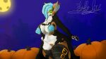  anthro belly big_breasts breasts cali_(fluffyglitch) clothed clothing felid feline female fluffyglitch food fruit genitals glowing glowing_eyes halloween hi_res holidays mammal moon nipple_piercing nipples partially_clothed piercing plant pumpkin pussy smile solo vampire 