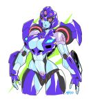  1girl blue_lips breasts cleavage cowboy_shot cropped_legs decepticon english_commentary highres looking_ahead mad_project mecha medium_breasts open_hands robot science_fiction shadow_striker_(transformers) solo transformers transformers_cyberverse white_background 