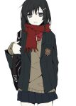  1girl bag bangs black_hair blazer blue_eyes bow bowtie carrying_bag emblem enpera hair_between_eyes hair_ornament hairpin jacket long_sleeves looking_at_viewer original pleated_skirt red_bow red_bowtie red_scarf scarf school_bag school_emblem school_uniform skirt sleeves_past_wrists sweater wonoco0916 