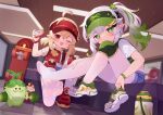  2girls ;d ahoge aranara_(genshin_impact) blonde_hair blue_shorts blush closed_mouth commentary_request contemporary cross-shaped_pupils feet foot_focus genshin_impact gradient_hair green_eyes green_hair green_headwear green_vest highres holding indoors klee_(genshin_impact) knee_pads knee_up legs legwear_under_shorts long_hair looking_at_viewer low_twintails multicolored_hair multiple_girls nahida_(genshin_impact) no_shoes one_eye_closed pantyhose red_eyes red_footwear red_headwear red_vest revision shirt shoes shoes_removed short_shorts short_sleeves shorts side_ponytail single_shoe sitting skateboard smile soles toes tsubasa_tsubasa twintails vest visor_cap white_footwear white_hair white_pantyhose white_shirt 