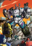  blue_eyes bruticus building clenched_hands cloud decepticon english_commentary gun highres holding holding_gun holding_weapon looking_up mad_project mecha no_humans orange_sky red_eyes robot science_fiction sky skyscraper smoke solo_focus transformers weapon western_comics_(style) 