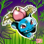  artist_logo artist_name blue_skin claws closed_mouth colored_skin fangs full_body highres ivysaur leaf no_humans non-web_source outline plant pokemon pokemon_(creature) pokemon_(game) purple_background red_eyes self_upload solo white_outline 