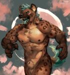  animal_genitalia anthro balls blue_hair blue_pawpads blue_tongue claws fully_sheathed fur genitals gnoll hair hi_res hyaenid juiceps male mammal muscular muscular_anthro muscular_male nipples nude open_mouth pawpads pecs sharp_teeth sheath solo spots spotted_body spotted_fur teeth tongue 