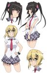  2girls akatsuki_kirika black_hair blush breasts brown_eyes commentary_request green_eyes hair_ornament hair_ribbon large_breasts looking_at_viewer lydian_academy_uniform multiple_girls necktie ribbon school_uniform senki_zesshou_symphogear simple_background skirt small_breasts tsukamoto_kensuke tsukuyomi_shirabe white_background 