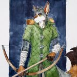  akatan_art anthro arrow_(weapon) bow_(weapon) brown_body brown_fur canid cheek_tuft clothed clothing facial_tuft front_view fur green_clothing green_topwear grey_body grey_fur grey_hair hair looking_at_viewer male mammal mouth_closed multicolored_body multicolored_fur portrait ranged_weapon short_hair simple_background solo standing three-quarter_portrait topwear tuft unsigned weapon white_body white_fur 
