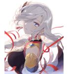  1girl aahaha_(ydasige11) bangs black_bodysuit bodysuit braid breast_curtains breasts detached_sleeves feathers genshin_impact grey_hair hair_ornament hair_over_one_eye large_breasts long_hair looking_at_viewer makeup parted_lips red_ribbon ribbon rope shenhe_(genshin_impact) simple_background solo tears upper_body very_long_hair white_background 