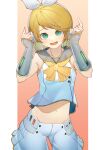  1girl :d absurdres arm_warmers bangs bare_shoulders blonde_hair bow breasts collarbone contrapposto detached_sleeves fangs fortissimo green_eyes grey_sailor_collar grey_sleeves hair_bow headphones headset highres index_finger_raised kagamine_rin kagamine_rin_(vocaloid4) leg_warmers looking_at_viewer midriff motaing navel neckerchief piano_print pleated_shorts sailor_collar sailor_shirt shirt short_hair shorts skin_fangs sleeveless small_breasts smile solo standing stomach swept_bangs upper_body v4x vocaloid white_bow yellow_neckerchief 