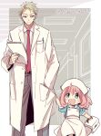  1boy 1girl anya_(spy_x_family) blonde_hair blue_eyes child closed_mouth doctor father_and_daughter female_child first_aid_kit hand_in_pocket hat katagiri_atsuko labcoat necktie nurse nurse_cap paper pink_hair short_hair spy_x_family twilight_(spy_x_family) twitter_username 