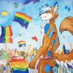  1:1 akatan_art anthro blue_eyes blue_hair brown_body brown_fur bulge canid cheek_tuft chest_tuft clothed clothing facial_tuft flag fur glistening glistening_eyes grin group hair jockstrap lgbt_pride male mammal nipples outside pride_colors rainbow_flag rainbow_pride_colors rainbow_symbol red_clothing red_jockstrap red_underwear short_hair side_view skimpy smile solo_focus standing traditional_media_(artwork) tuft underwear unsigned white_body white_fur 