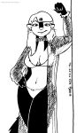  2022 anthro bikini black_and_white breasts clothed clothing ear_piercing ear_ring female fur hair hand_on_hip hi_res jewelry kelly_o&#039;dor leaning_on_wall looking_at_viewer mammal mephitid monochrome navel necklace piercing ring_piercing skunk solo swimwear tegerio whiskers 