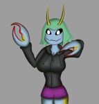  alexandliberty anthro arthropod black_clothing black_sweater black_topwear bottomwear clothing female green_hair hair hi_res horn insect purple_bottomwear purple_clothing purple_skirt skirt solo solo_focus sweater topwear yellow_horn 